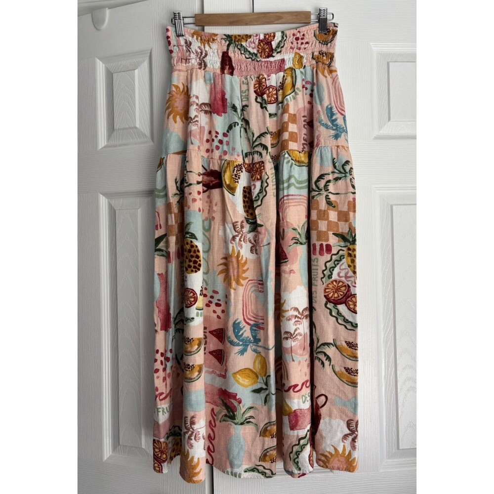 Paper Heart Tiered Maxi Skirt Fruit Conversational Linen Rayon Blend Boho Large
